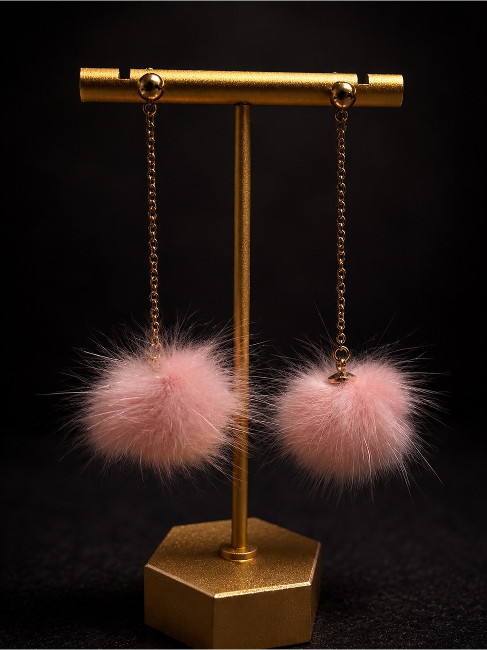 Delicate Pink Fur Pom Drop Earrings